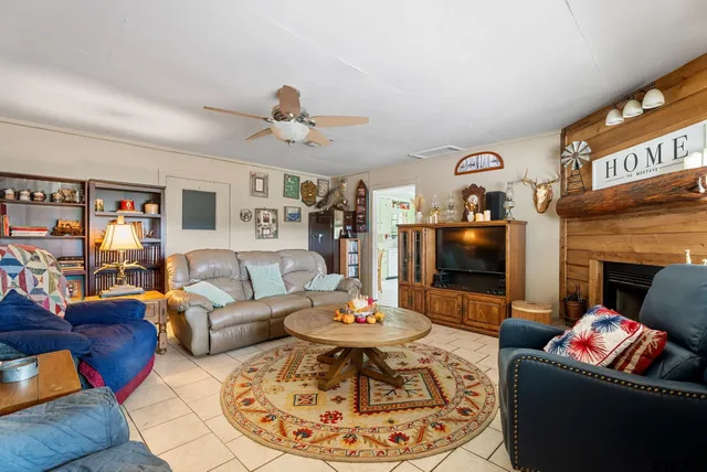 a living room with furniture and a fireplace