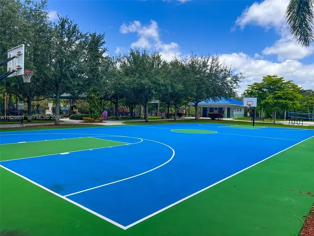 a view of a backyard with swimming pool and trees in the background