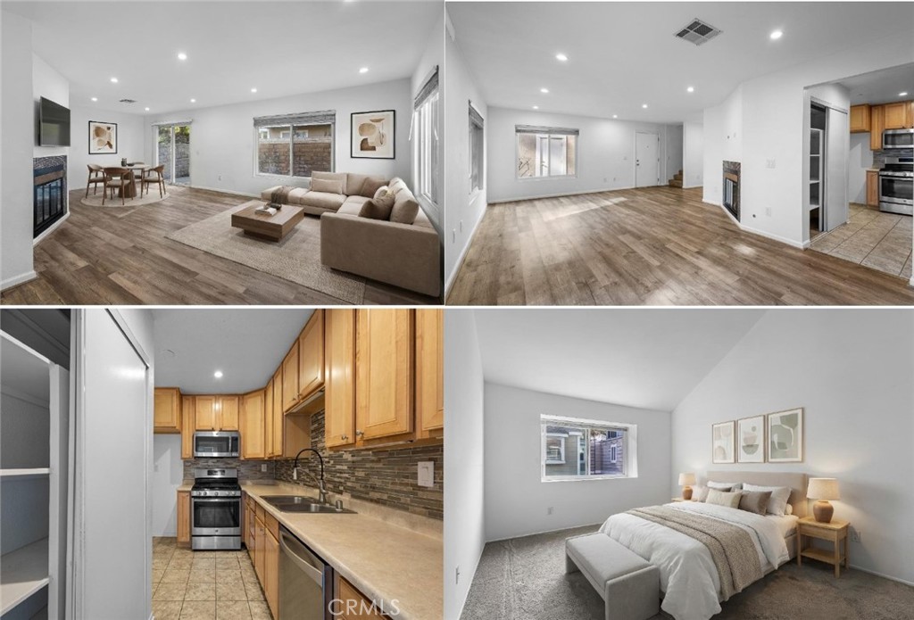a upper view of living room and kitchen with a large window