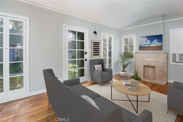 a living room with furniture potted plant and a fireplace