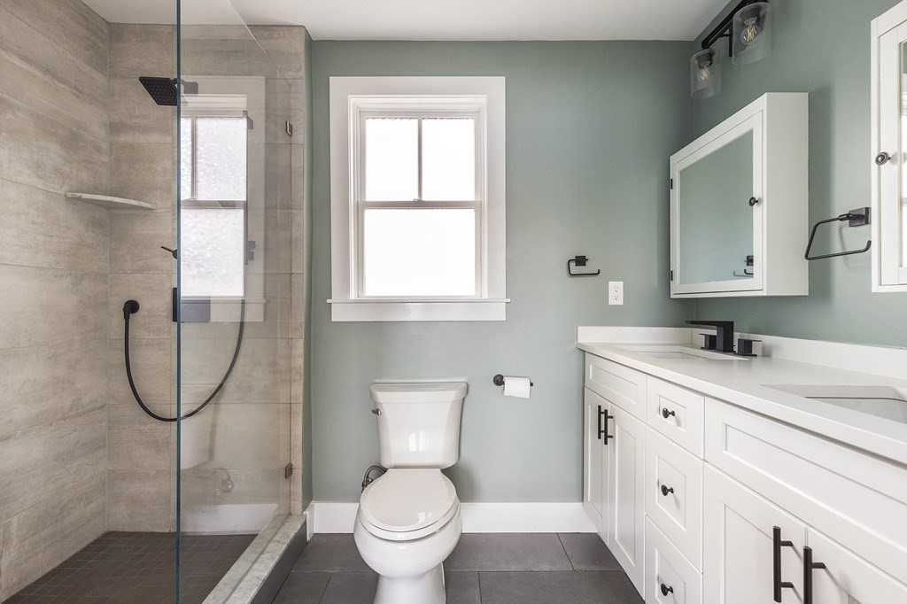 81-83 Alpine Street, Unit 2 Somerville, MA 02144 - Photo 15 of 24 a bathroom with a granite countertop toilet sink and mirror