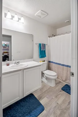 a bathroom with a sink a toilet a mirror and shower
