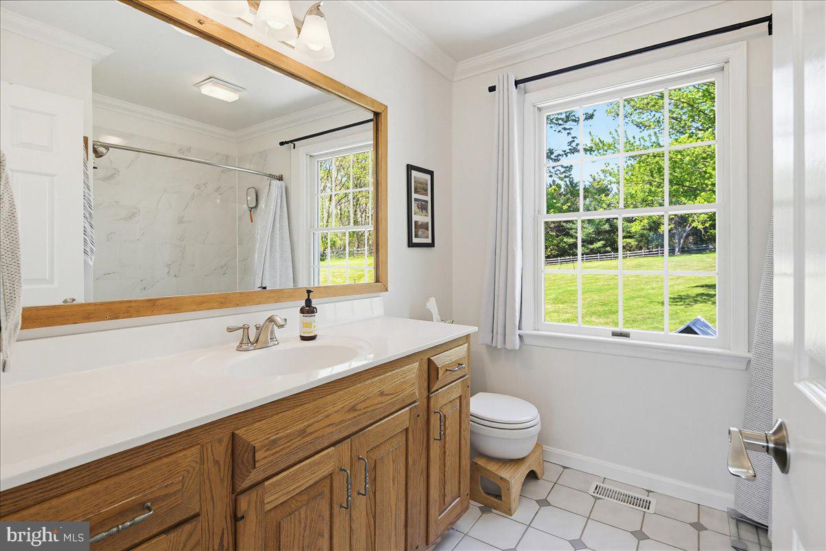 20128 Gunpowder Road Manchester, MD 21102 - Photo 27 of 66 a bathroom with a granite countertop sink a large mirror next to a window