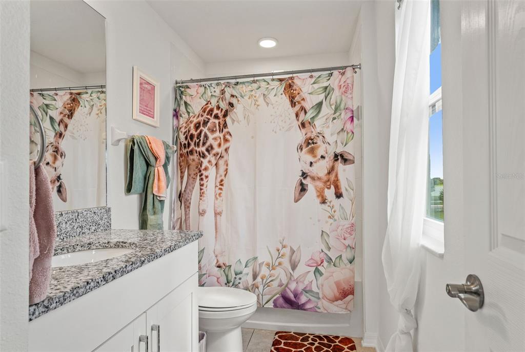 5945 Newberry Pnes Avenue Wesley Chapel, FL 33545 - Photo 40 of 55 a bathroom with a granite countertop sink a toilet and shower curtain