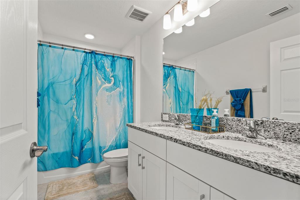 5945 Newberry Pnes Avenue Wesley Chapel, FL 33545 - Photo 43 of 55 a bathroom with a granite countertop sink a toilet and a mirror