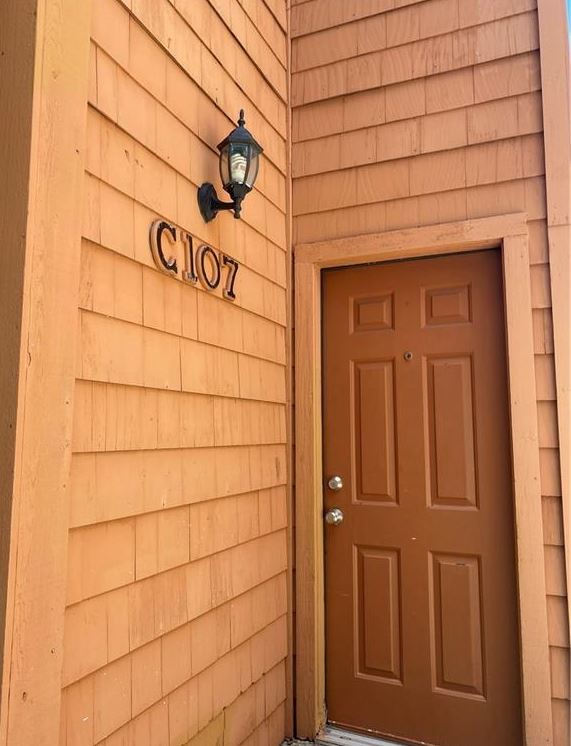 a view of a wooden door