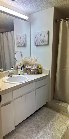 a bathroom with a sink mirror and vanity