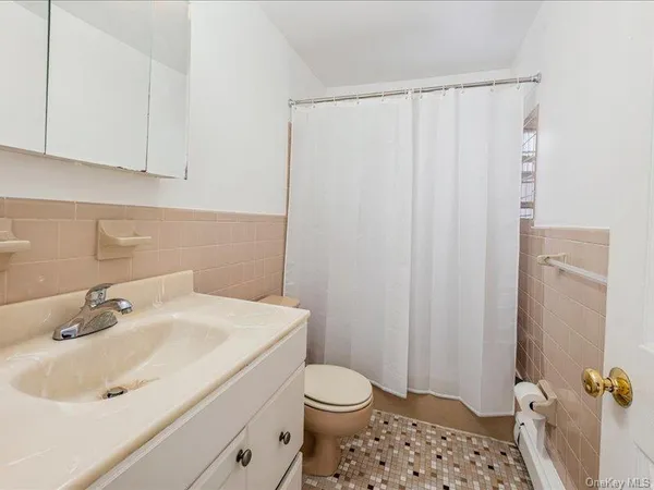 a bathroom with a sink a toilet and shower curtain