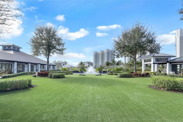 a view of a swimming pool with a lawn chairs and palm tree