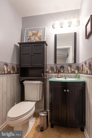 a bathroom with a sink vanity and toilet