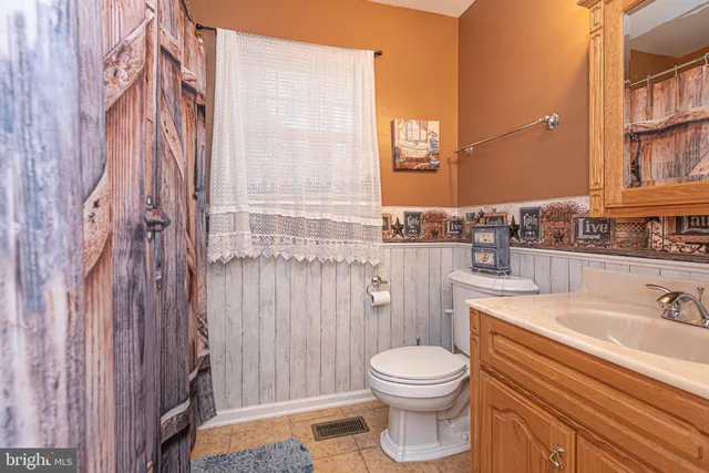 a bathroom with a sink a toilet and shower curtain