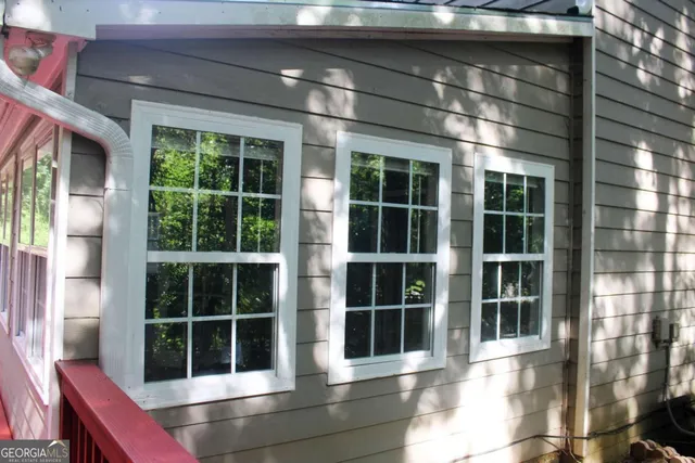 a view of a forest with trees in the background