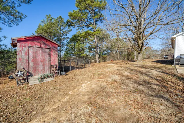 a view of a backyard with a tree