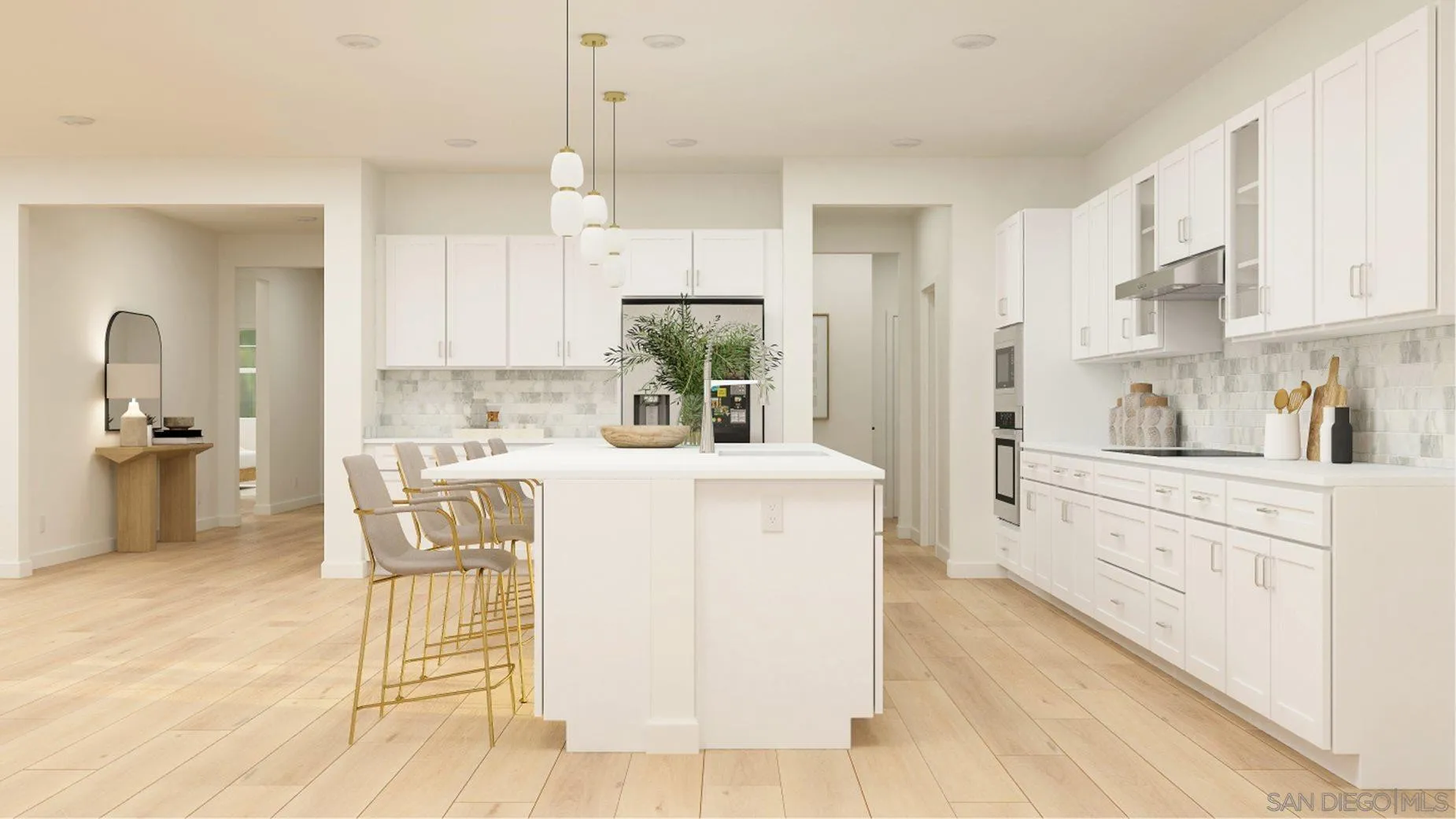 290 Hadley Way Oceanside, CA 92057 - Photo 4 of 22 a kitchen with kitchen island a stove a sink a refrigerator and white cabinets with wooden floor