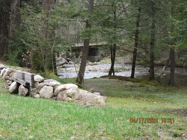 a backyard of a house with wooden fence and large trees