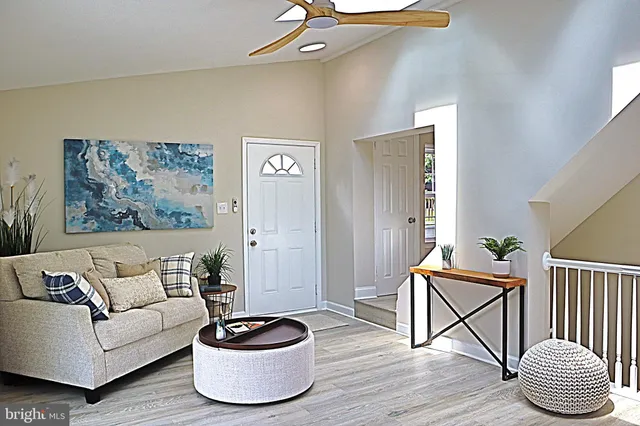 a living room with furniture and a potted plant