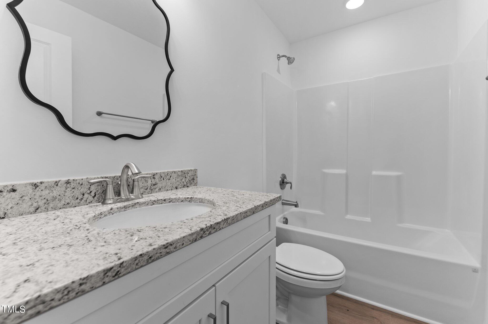 207 South Nash Street, Unit AB Bunn, NC 27508 - Photo 9 of 25 a bathroom with a granite countertop toilet sink and mirror