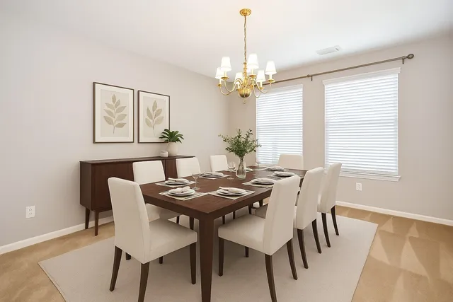 en empty room with windows and chandelier