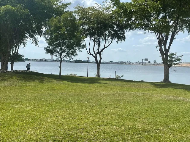 a view of a lake with trees in the background