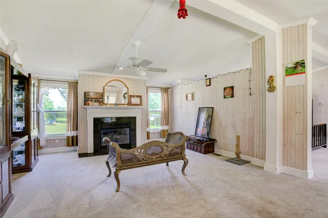 a living room with furniture and a fireplace