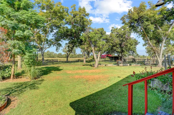 a view of a park with large trees