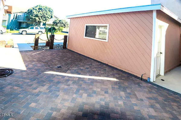 a view of backyard with a large tree