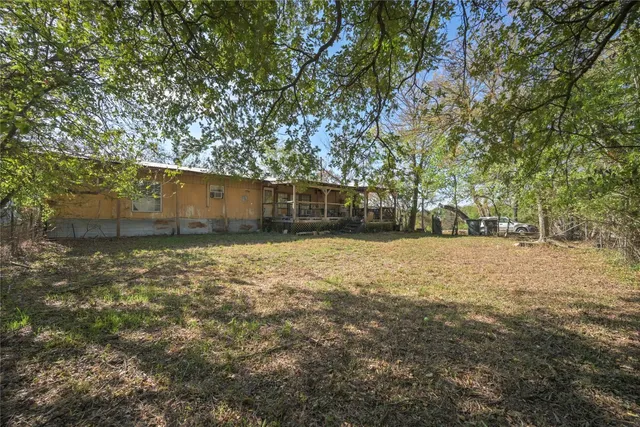 a view of dirt yard with large trees
