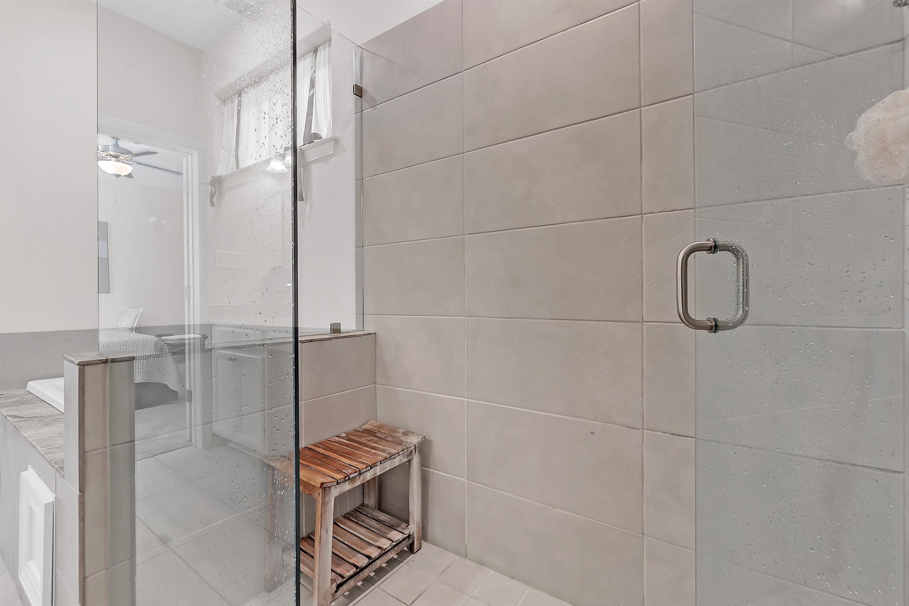 10151 Macon Road Cordova, TN 38018 - Photo 21 of 36 Bathroom featuring a stall shower, tile patterned floors, and a ceiling fan