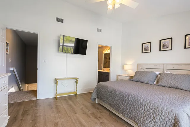 an aerial view of a house with outdoor space