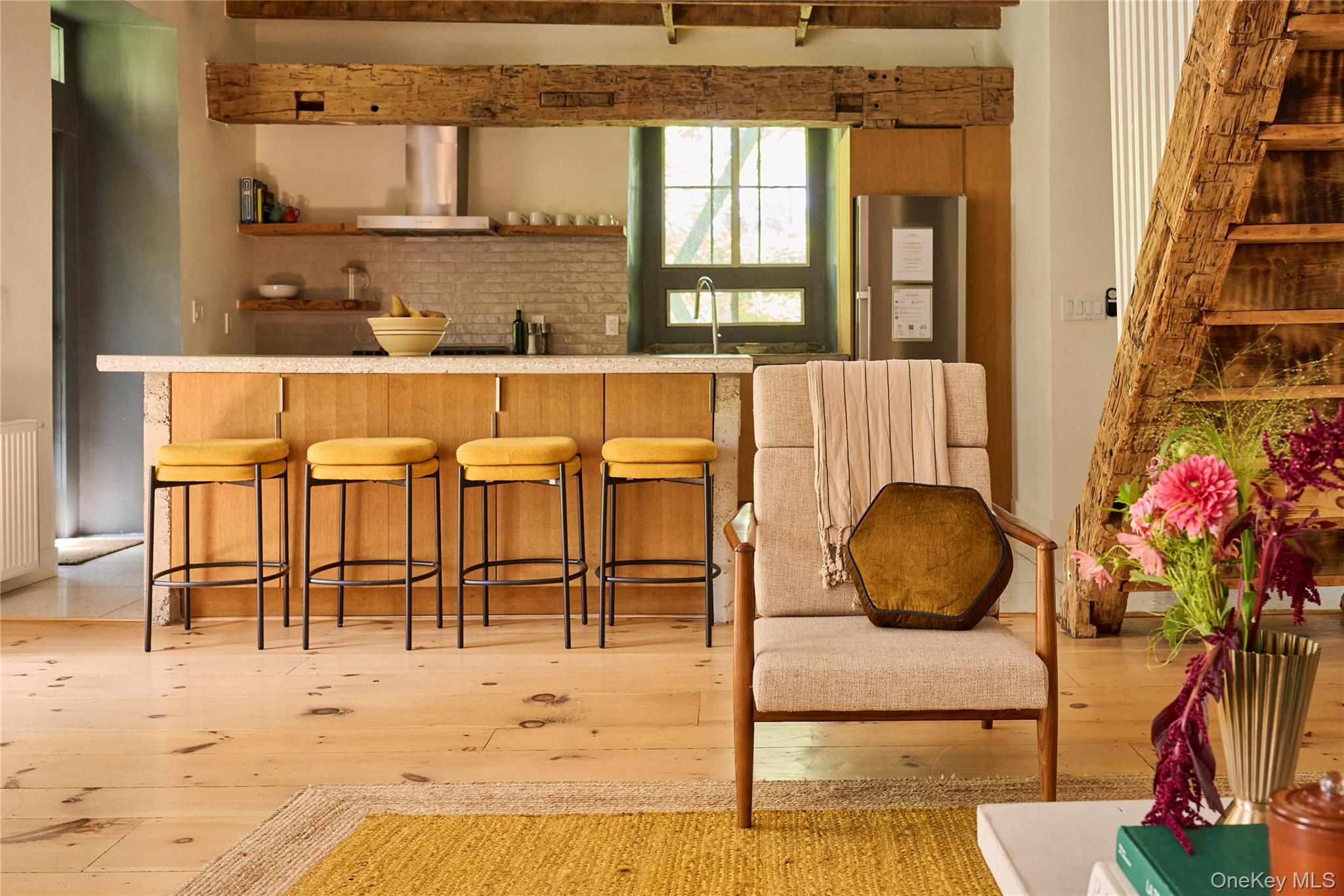 1883 Highway 213 Rifton, NY 12471 - Photo 14 of 48 Bar area with open shelves, light countertops, wall chimney range hood, freestanding refrigerator, and light wood-type flooring