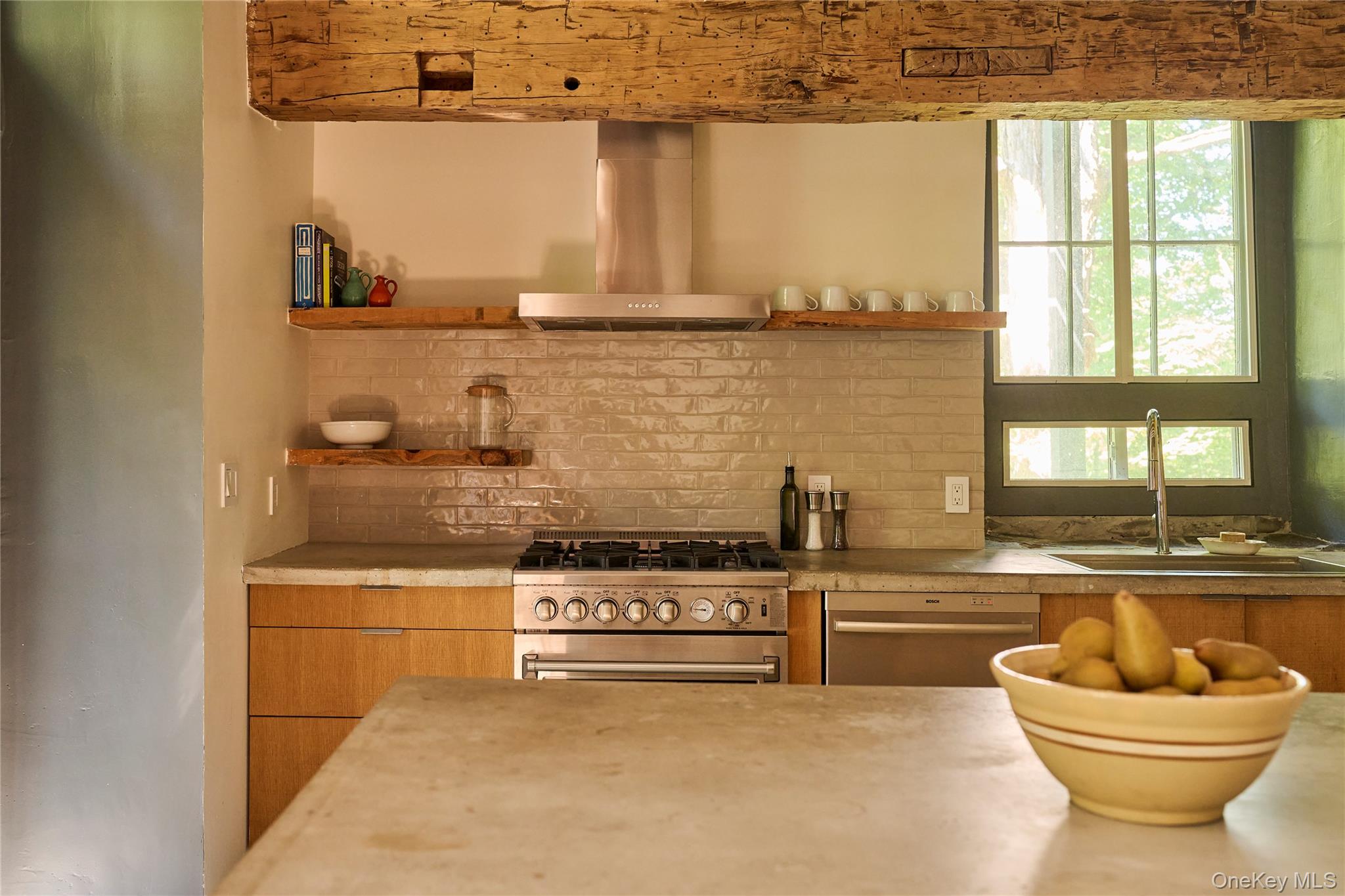 1883 Highway 213 Rifton, NY 12471 - Photo 16 of 48 Kitchen featuring range hood, open shelves, stainless steel appliances, light countertops, and modern cabinets