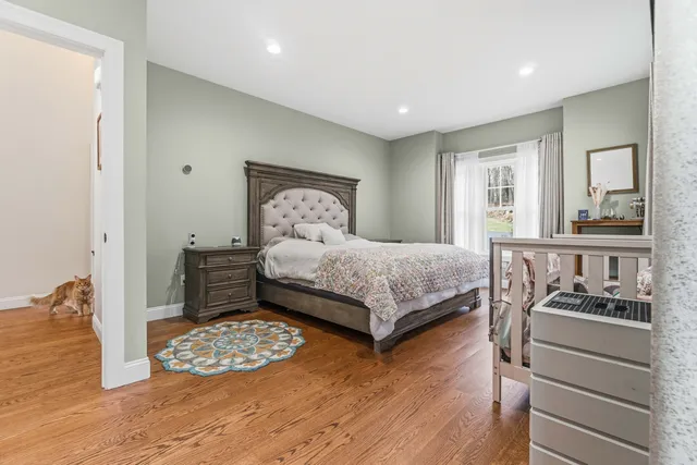 a bedroom with a bed and closet