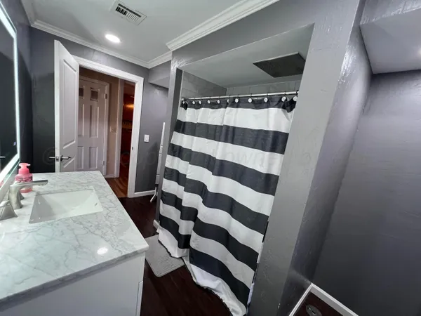 a bathroom with a sink a toilet a shower and a mirror