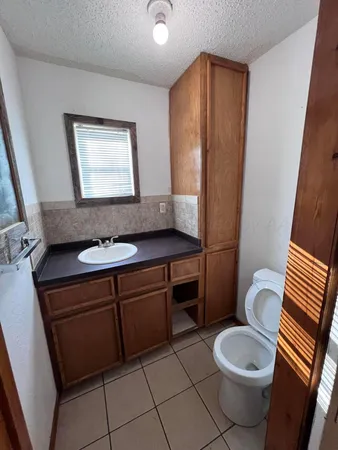 a bathroom with a sink a toilet and mirror