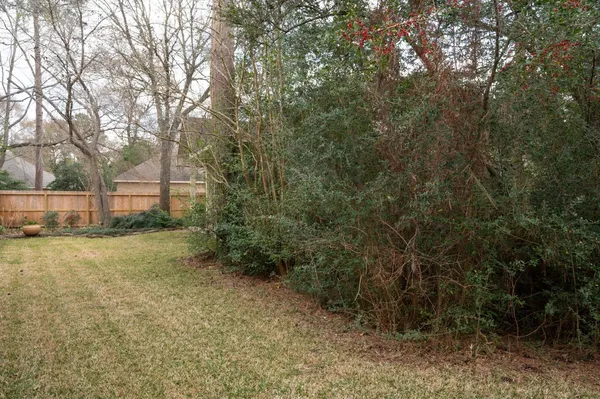 a view of a backyard with large trees and wooden fence