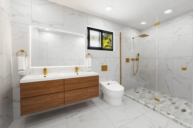 a view of a park with large trees