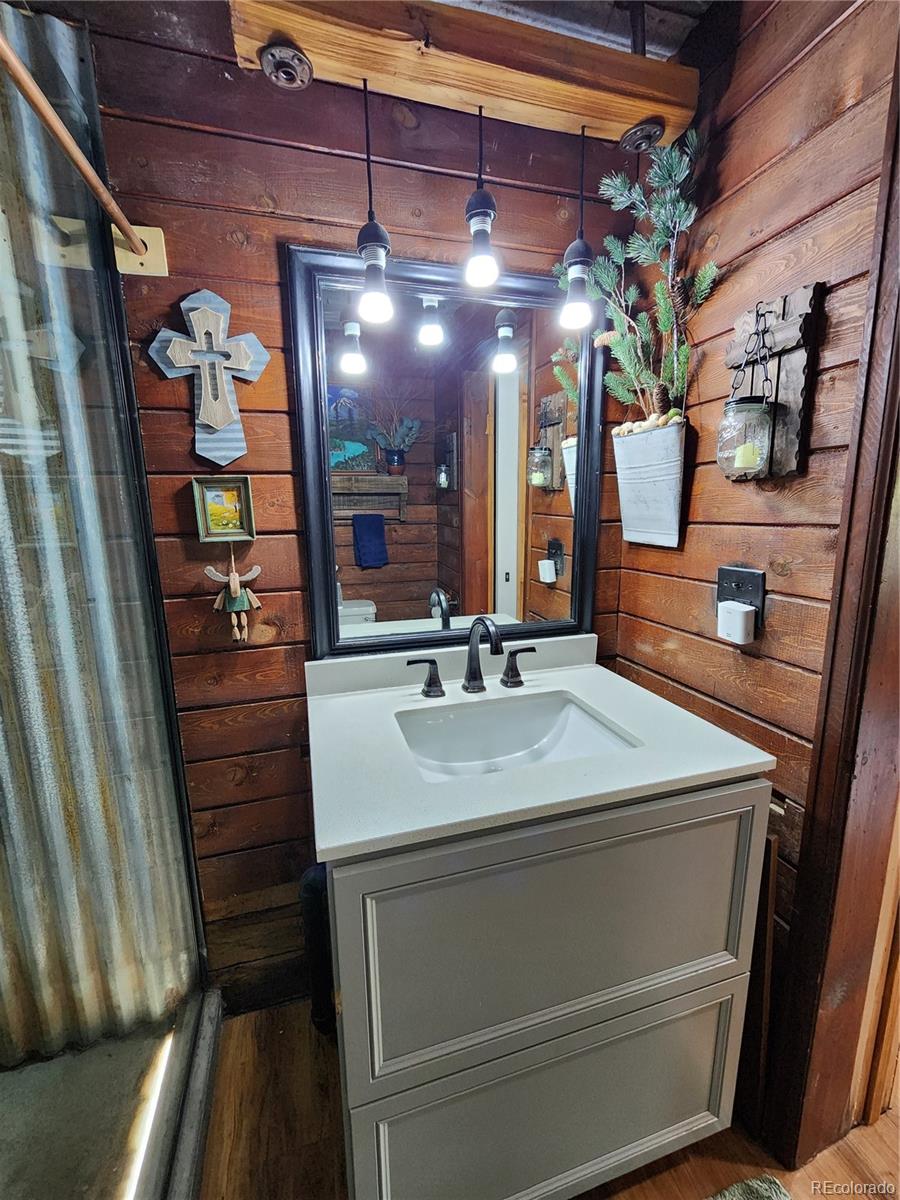 388 Clark Road Bailey, CO 80421 - Photo 19 of 50 a bathroom with a sink a mirror and shower