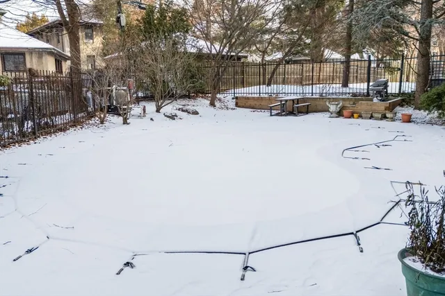 a view of street with a yard and trees
