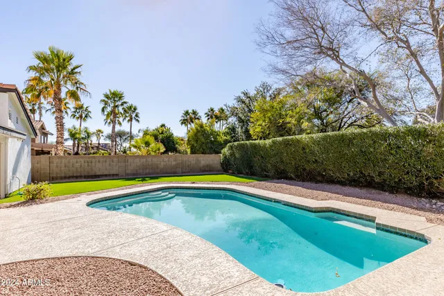 a view of a swimming pool with a yard