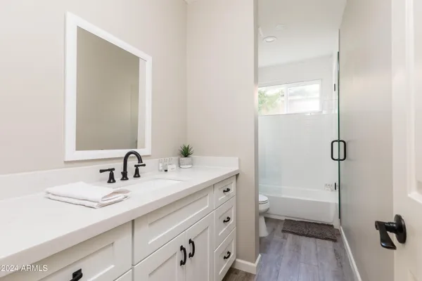 a bathroom with a sink a toilet and a large mirror