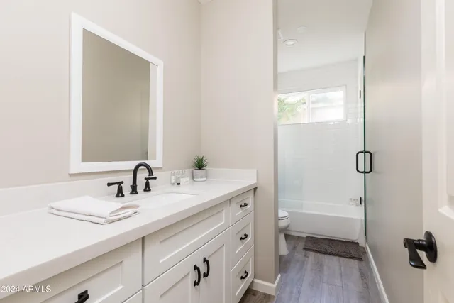 a bathroom with a sink a toilet and a large mirror