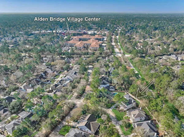 an aerial view of a house with a yard and a large tree