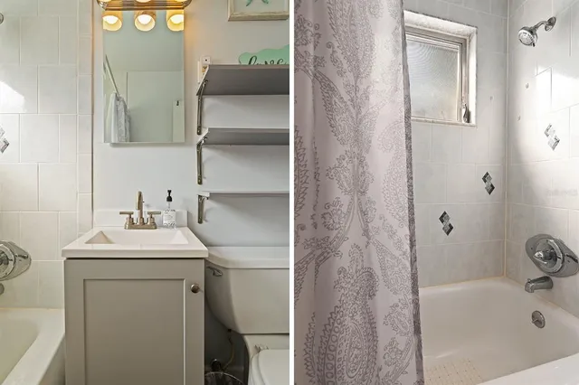 a bathroom with a sink and mirror with toilet