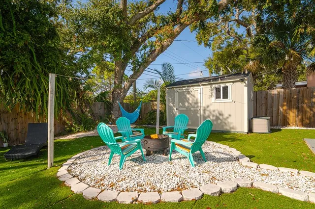 a backyard of a house with table and chairs