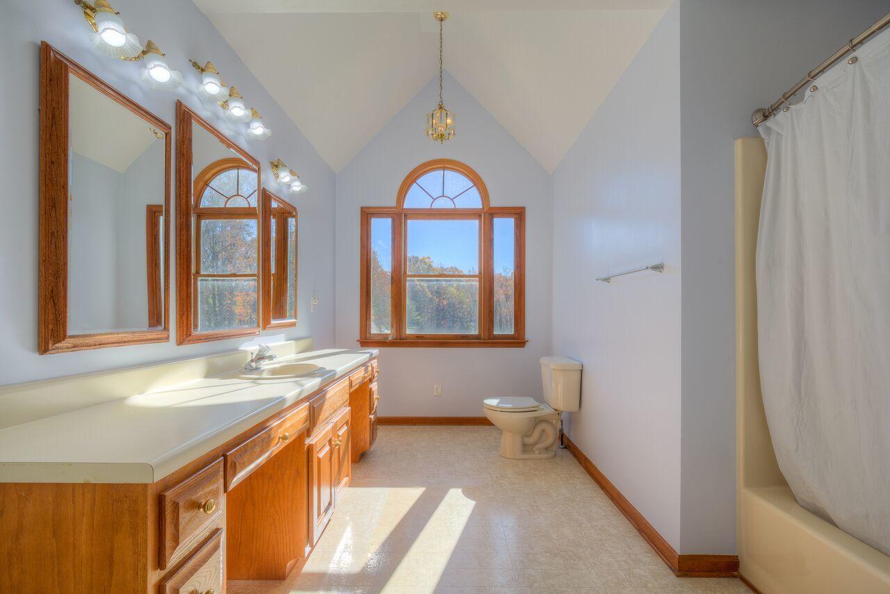 224 Shade Hollow Road Blue Ridge, VA 24064 - Photo 21 of 38 a bathroom with a granite countertop tub a sink a mirror and a window