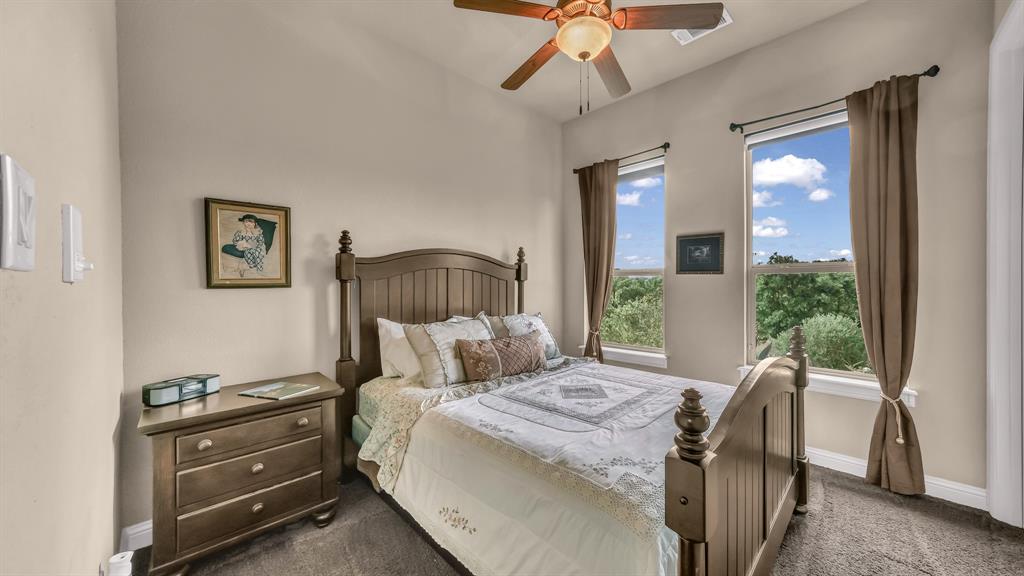 840 Hensley Road Gordon, TX 76453 - Photo 31 of 40 Bedroom featuring dark colored carpet, baseboards, ceiling fan, and multiple windows
