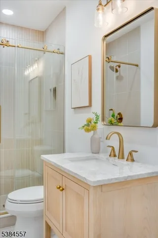 a bathroom with a granite countertop sink a toilet a mirror a shower and vanity