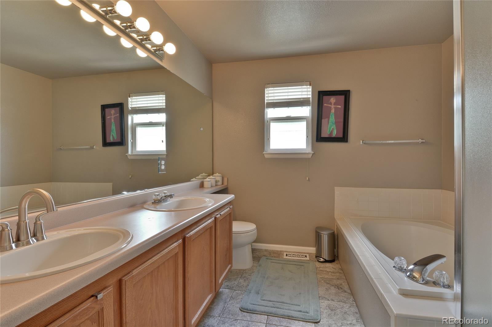 1165 Timbervale Trail Highlands Ranch, CO 80129 - Photo 18 of 29 a bathroom with a granite countertop sink a toilet and a bathtub