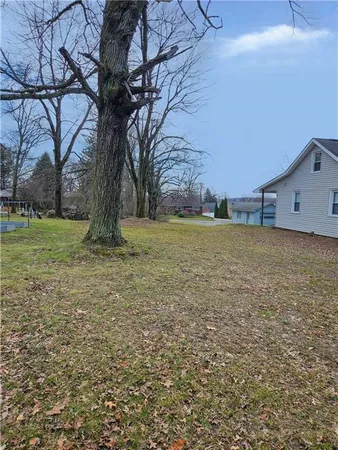 a backyard of a house with a large tree