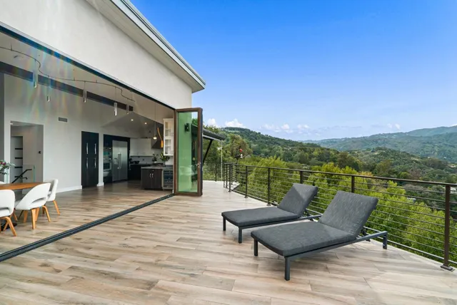 a living room with furniture potted plant and a large window